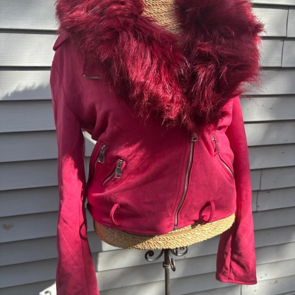 Pink Faux Suede Moto Jacket with Faux Fur Collar‎ Medium Baddy - Picture 11 of 13